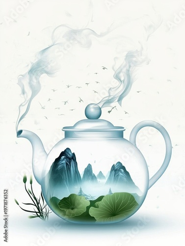 Glass Teapot with Mountain and Lotus Landscape