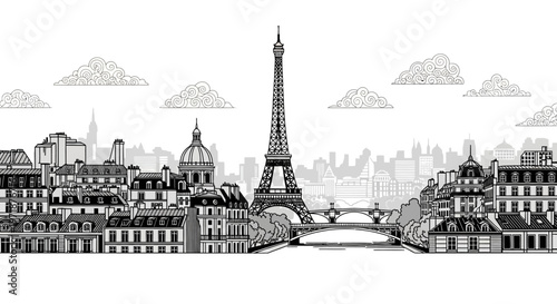Detailed vector illustration of the Paris city skyline featuring the Eiffel Tower and other landmarks, set against a white background with sketched clouds in a monochrome, vintage