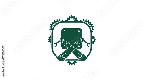 Green Robot Icon with Gears and Mechanical Arms on White Background.