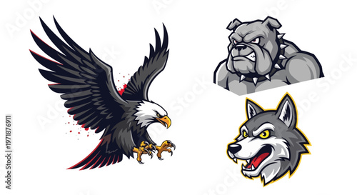 Three distinct aggressive animal mascot illustrations featuring a powerful bald eagle, a fierce bulldog head, and a snarling wolf head, all designed in a stylized cartoon vector art style.