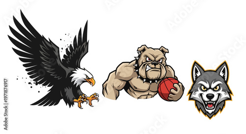 Three distinct animal mascots: a majestic bald eagle, a muscular bulldog with a basketball, and an aggressive wolf head, suitable for sports teams.