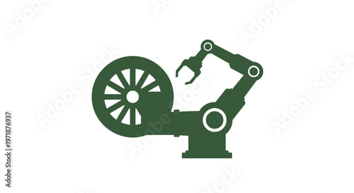 Green Robotic Arm Holding a Wooden Wagon Wheel on White Background.