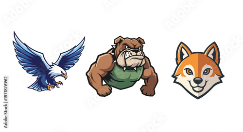 Three cartoon animal mascots: a flying bald eagle, a brown bulldog, and a fox head illustration in a row.