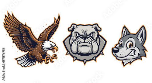 Three distinct animal mascot illustrations: a flying bald eagle, an angry bulldog head, and a smiling wolf head, all in a cartoon style.