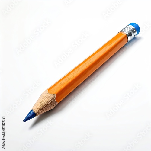 Close-up of a stubby orange pencil with a blue tip and eraser on a clean white backdrop ideal for creative projects and design mockups