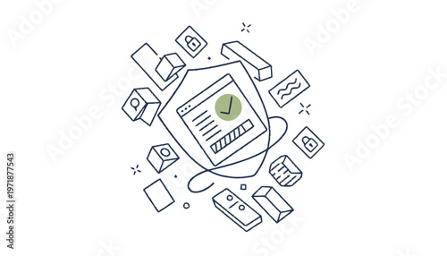 Digital Security Shield with Checkmark Symbol and Various Icons.