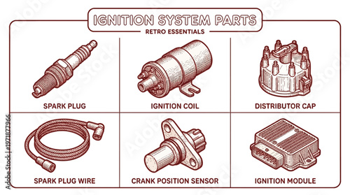 The ignition system parts including spark plug, coil, and module are displayed.