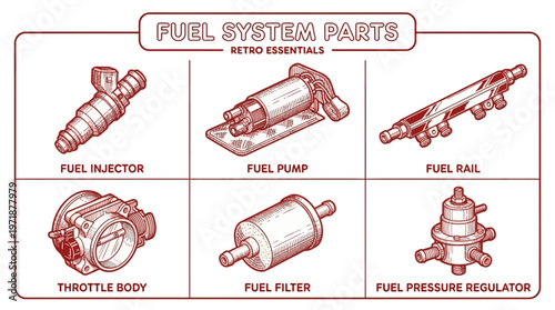 The fuel system parts retro essentials including injector pump rail throttle body filter regulator.