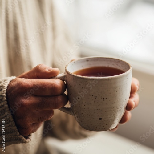 Close Up of Hands Holding Ceramic Mug of Tea in Morning Light