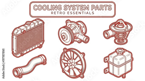 Retro essentials showcase various cooling system car parts in a detailed illustration.