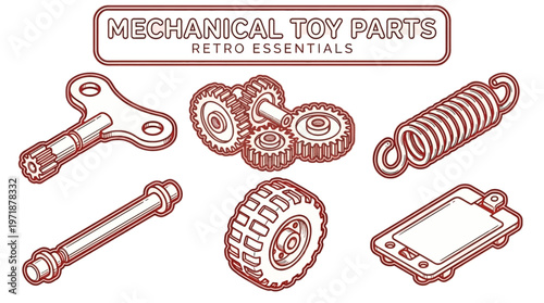 Retro mechanical toy parts arranged on a surface in a cluttered manner