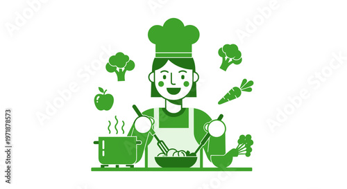 Green chef cartoon character cooking.