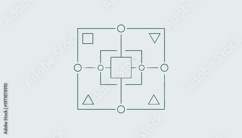 Geometric Design with Squares, Triangles, and Circles on Light Background.