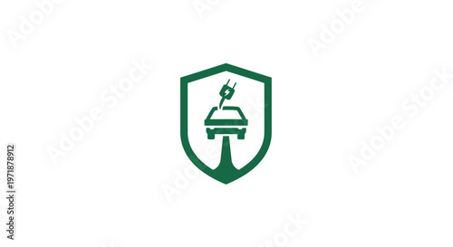 Green Shield Emblem with Electric Vehicle Symbol on White Background.