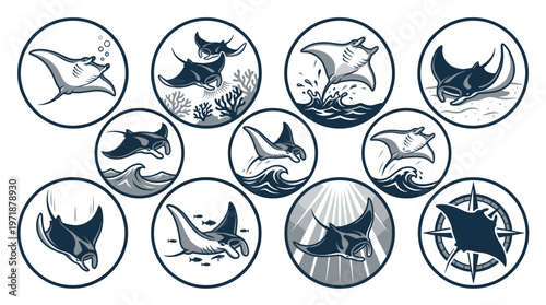 Set of Manta Ray Vector Badges and Logos Featuring Ocean Waves, Sun Rays, and Compass Elements for Marine Conservation and Scuba Diving Designs