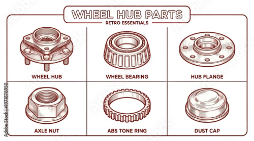 Various wheel hub parts illustrated in a grid layout for reference