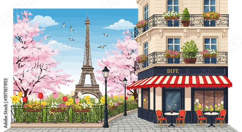 A charming view features a Parisian cafe with red awnings and chairs adjacent to a wrought-iron fence adorned with colorful flowers and pink cherry trees, with the iconic Eiffel Tower