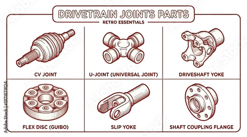 Drivetrain joints and parts illustrated in a diagram for reference