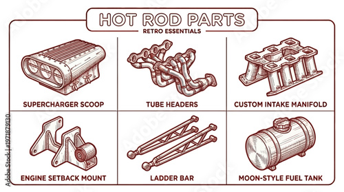 A detailed illustration of various hot rod parts including supercharger scoop and engine components on a clean surface