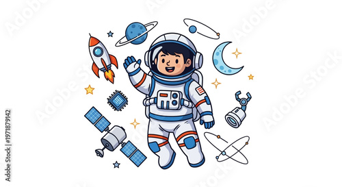 Illustrated young astronaut wearing a spacesuit and waving, surrounded by planets, stars, a rocket, satellite, and moon against a clean white background with a cartoon style and bright