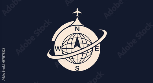Elegant Travel Logo Featuring Globe, Airplane, and Compass Design.