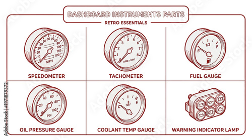 A detailed illustration of various dashboard instrument cluster parts including speedometer, tachometer, and fuel gauge on a vehicle dashboard.