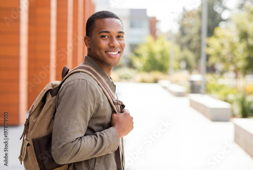 Smiling african american student with backpack looking over shoulder