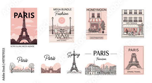 A set of Paris-themed travel postcards features various landmarks and city scenes, rendered in a vintage style with pastel color palettes and delicate line work, creating a charming