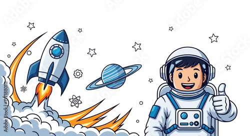 Cartoon illustration of a cheerful astronaut giving a thumbs-up next to a rocket launching with a cloud of smoke and Saturn against a white background, creating a playful and imaginative