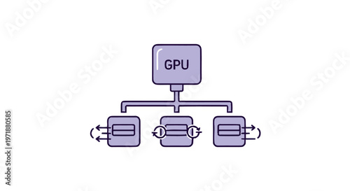 GPU distributing tasks to multiple processors illustration on white background.