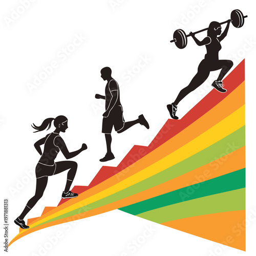A colorful vector graphic illustration of three fitness enthusiasts climbing a rainbow-colored staircase, symbolizing progress and motivation in a modern design