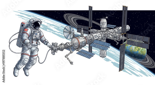 Detailed illustration shows an astronaut tethered to a space station with solar panels and rings of Saturn in view, set against Earth's curved horizon in a hand-drawn, cartoon style