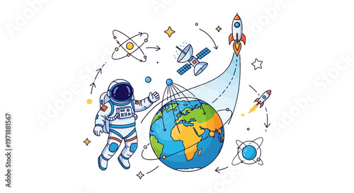 Illustration of an astronaut tethered to the Earth with orbiting satellites, atoms, and rockets against a clean white background, rendered in a cartoon style with bright, primary colors