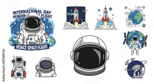 Collection of colorful cartoon illustrations featuring an astronaut in a spacesuit standing in front of Earth and rockets launching into space, all set against a clean white background