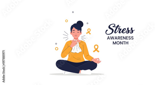 A serene woman meditates in lotus position with a tissue, surrounded by awareness symbols for Stress Awareness Month, conveying a calm mind concept with a peaceful lifestyle.