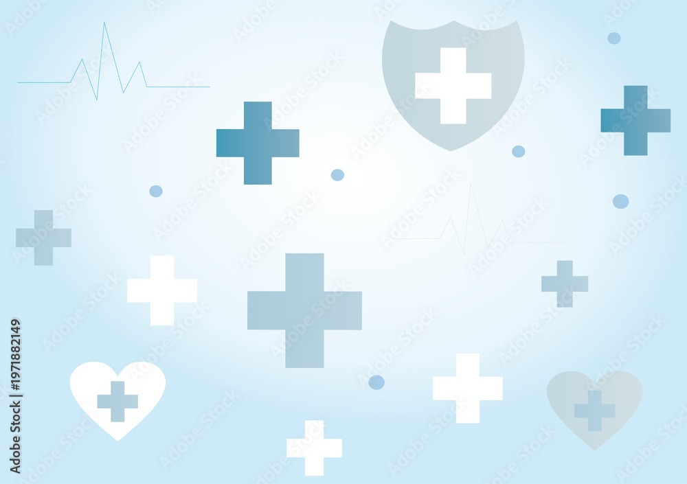 Obraz premium Minimal Healthcare Background with Medical Cross and Heart Symbols for World Health Day Awareness, Blue Medical Poster Design