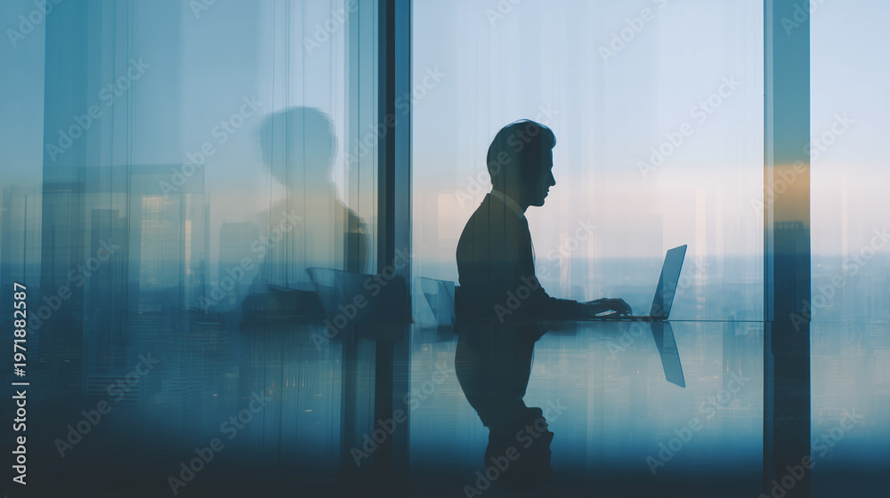 Fototapeta premium Business man using laptop in front of window with cityscape reflecting, silhouette with blue tone.