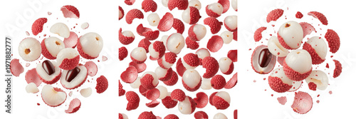 Billede på lærred Peeled Lychee Fruit Flesh and Rough Pink Peel flying in dynamic motion, Levitati