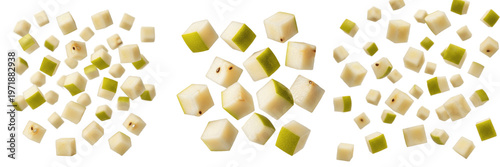 Green Pear Cubes and chunks flying dynamically in air, Levitating Pyrus Communis fruit pieces - Poire Volante - Pera Voladora - Fliegende Birnenwürfel - Sweet Autumn Fruit