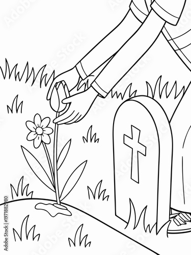 A person planting a flower on a grave