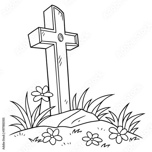 A cross on a grave with flowers