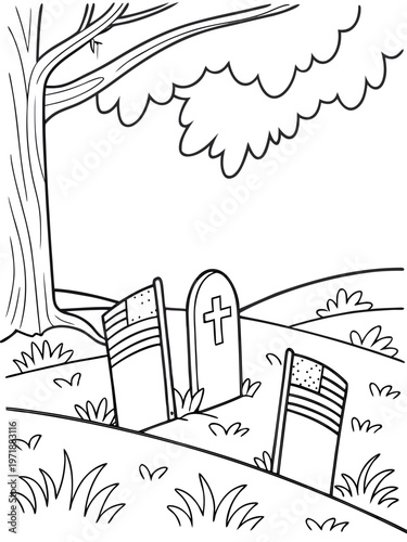 A graveyard with headstones and a tree