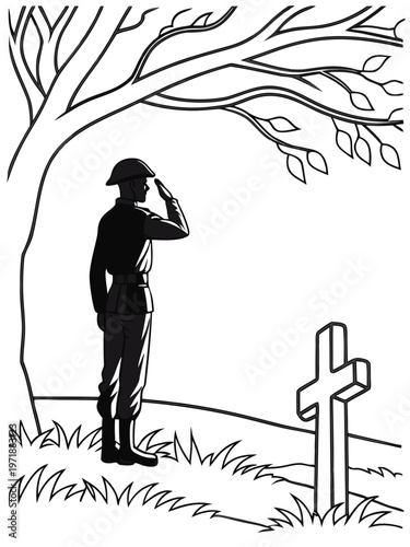 A soldier salutes in front of a grave
