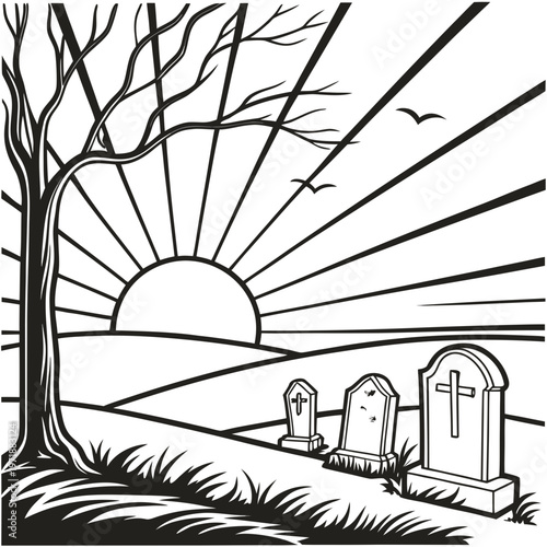 A graveyard at sunrise with a bare tree