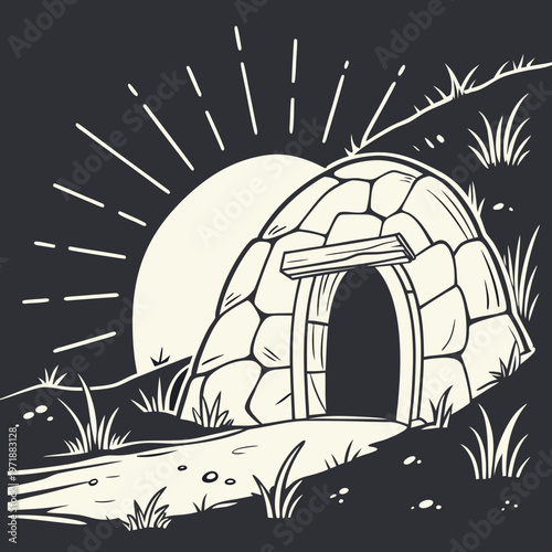 Stone tomb with sun rising behind it