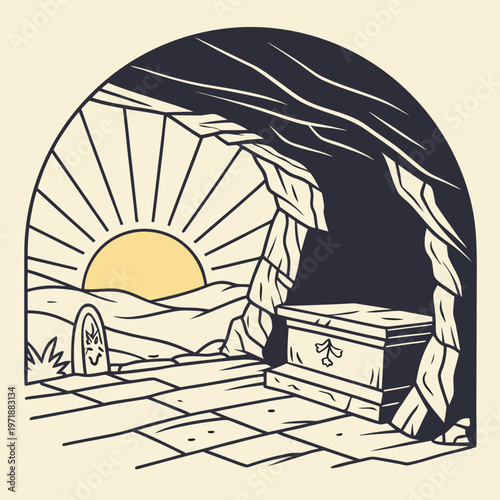 A tomb with an open curtain at sunrise
