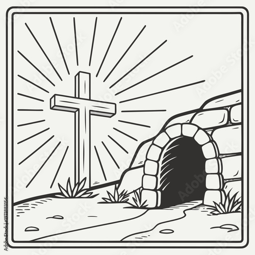 A cross in front of an empty tomb with sun rays