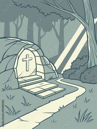 A tomb with a cross on the entrance