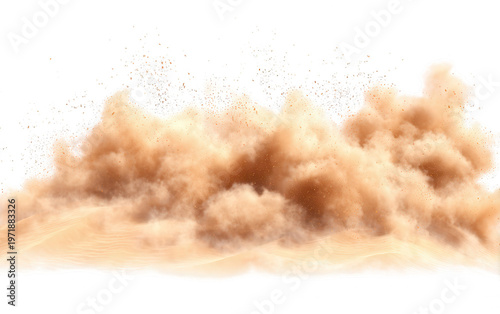 白い背景に激しく舞い上がる茶色の砂と埃の爆発的な飛散の様子を描いた高品質なグラフィック素材で、土の粒子が空中に散らばるダイナミックな瞬間を捉えており、デザインの背景や合成用パーツとして多目的に活用できる画像です。