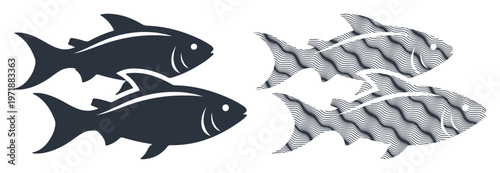Two pairs of stylized fish swimming in opposite directions, representing contrast or diversity